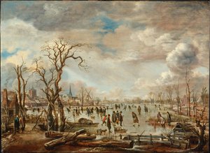 Vinterlandskab med isfornøjelser, ca. 1655 af Aert van der Neer