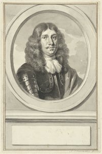 Portræt af Cornelis Evertsen i panser, i oval, til højre af Aert Schouman