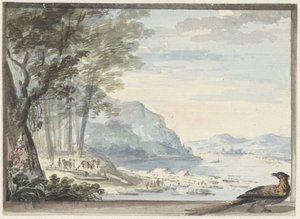 Flodlandskab med en kylling i forgrunden af Aert Schouman