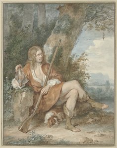 Hvilende jæger med musket og agerhøne, ved et træ