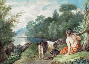 Hyrdinde med geder i et landskab med en sø af Aert Schouman