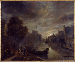 En kanal i en hollandsk by ved Moonlight (olie på lærred) af Aert van der Neer