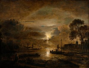 Måneskin ved en hollandsk flod, ca. 1650 (olie på lærred) af Aert van der Neer