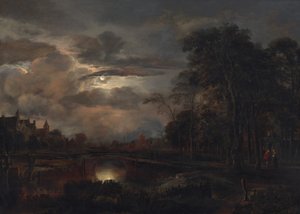 Månebelyst landskab med bro af Aert van der Neer