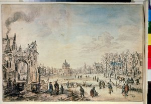 Vinterlandskab med skatere. Tegning af Aert Van der Neer (1603-1677) af Aert van der Neer