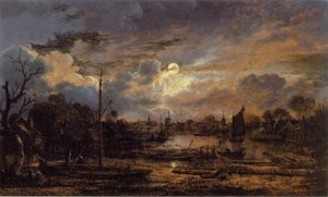 Flodlandskab med måneskin af Aert van der Neer