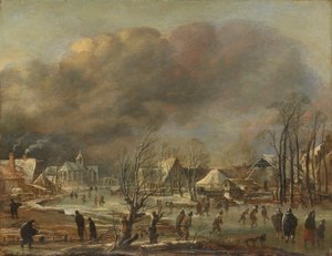 Snefald på en landsby ved siden af en frossen kanal, 1630-77 af Aert van der Neer