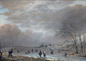 Vinterlandskab med skatere på en frossen flod (olie på panel) af Aert van der Neer