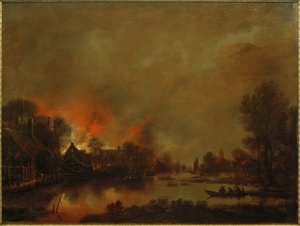 Natligt kanallandskab med bål i en landsby af Aert van der Neer der Ältere