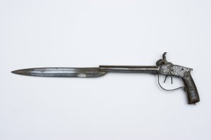 Dobbeltløbet slagpistol, ca. 1840 (stål, messing og horn)