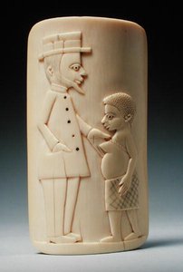 Plade med figurer af en europæisk mand og en afrikansk kvinde, Congo (elfenben) af African
