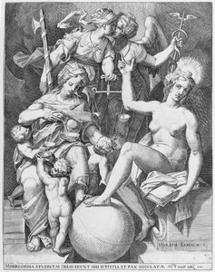 Allegori af Davids Salme, Misericordia siddende til venstre og bespist fire børn med..., 1579. af After Agostino Carracci.