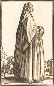 Ædel kvinde iført slør og kjole trimmet i pels af After Jacques Callot