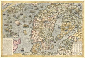 En tro gengivelse af Carta marina (et vægkort over Skandinavien af Olaus Magnus udgivet i 1539) af After Olaus Magnus
