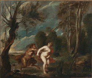 Landskab med en nymfe og en satyr af after Peter Paul Rubens
