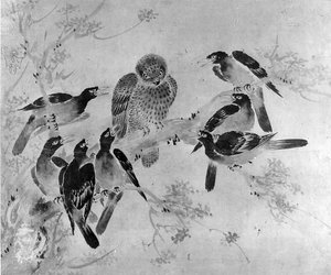 Mynah-fugle angriber en ugle, sandsynligvis 1800-tallet. af after Sesson Shūkei