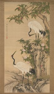 Traner, ferskentræ og kinesiske roser, begyndelsen af det 18. århundrede. af After Shen Quan