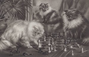 Gruppe af katte, der leger med skakbrikker af Agnes Augusta Talboys