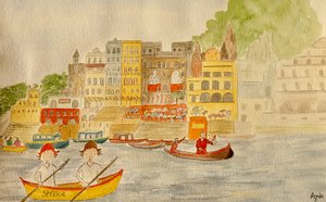 The Voyage, Varanasi, 2015, akvarel på papir af Agnes Girardon