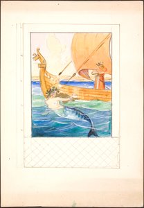 Illustration til Oehlenschläger med havfrue og en konge på et skib indpasset i rammeudkast af Agnes Slott Møller