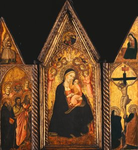 En bærbar triptykon med madonnaen og barnet tronet med engle,