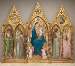 Madonna og barn med de hellige Andrew, Benedikt, Bernard og Katarina af Alexandria med engle [hele triptykon]