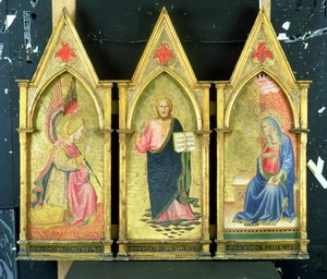Ærkeenglen Gabriel; Kristus Forløseren; Jomfruen bebuder på guldjordpaneler, af Agnolo Gaddi