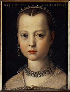 Portræt af Maria af Medici (1540-1557) datter af Cosimo I af Toscana (Cosimo I de Medici) (1519-1574) (Portræt af Maria de Medici, datter af Cosimo I de Medici, storhertug af Toscana) Maleri af Bronzino (Agnolo) af Cosimo) (1503-1572) 1551 Dim 15x12 c af Agnolo Bronzino