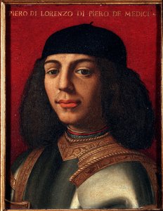 Portræt af Peter II af Medici (1472-1503) (Piero di Lorenzo de Medici eller Piero den Uheldige) italiensk politiker og militær, søn af Laurent det storslåede maleri af Agnolo Allori kaldet Bronzino (1503-1572), olie på kobber Dim 15x12 cm Palazzo M af Agnolo Bronzino