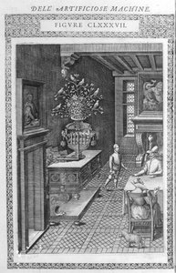 Springvand med falske fugle, der synger. Dette er et projekt af Agostino Ramelli ifølge "" Diverse and Artificiosis Machine "". Milano 1600. af Agostino (after) Ramelli