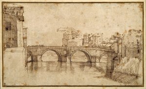 Isola Tiberiana, Rom (pen og brun blæk på papir) af Agostino (attr. to) Carracci