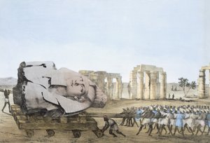 Mode, hvor den unge Memnons hoved blev fjernet, fra plader, der illustrerer forskningen i Egypten og Nubien, Giovannie Battista Belzoni, Pub. 1822 (farve litografi)