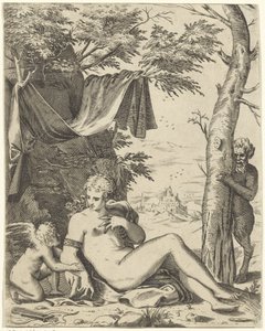 Venus, kærlighed i sater af Agostino Carracci (attributed to)