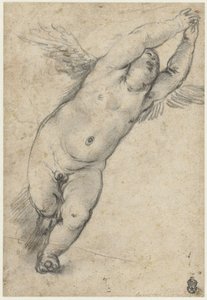 Flyvende putto med løftede arme af Agostino Carracci (attributed to)