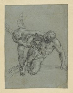 Amor overmander Pan (recto); hoved af en munk; karikatur af en mand i profil (verso) af Agostino Carracci