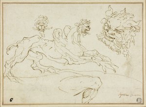 Fire skitser: Griffin, Grotesk Head, Head of Satyr, Bent Ben af Agostino Carracci