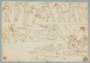 Frise af Putti, Skitse af Lot og hans Døtre, Skitse af bygninger af Agostino Carracci