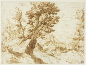 Bakket landskab med by i afstand af Agostino Carracci