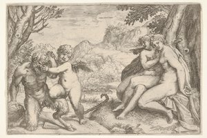 Kærlighed overvinder alt Omnia vincit Amor, i en kamp med en satyr placerer Amor sin højre kn..., 1599.