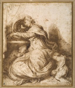 Madonna og barn med St John, alle i søvn (pen & brunt blæk og brun vask) af Agostino Carracci