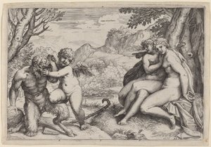 Pan Taming Eros af Agostino Carracci