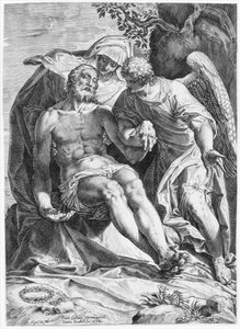 Pieta, Kristus støttet af jomfruen og en engel til højre, 1582. af Agostino Carracci