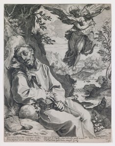 Sankt Frans trøstet af den musicerende engel af Agostino Carracci