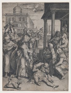 Saint Paul rejser Patroclus, som er på jorden, omgivet af en gruppe tilskuere, ..., 1583. af Agostino Carracci