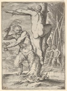 Satyr, der pisker en nymfe, som er vist bagfra og bundet til et træ, en anden saty..., ca. 1590-95.