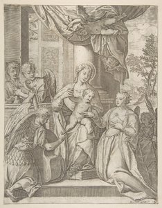 Det mystiske ægteskab mellem Saint Catherine, der sidder i centrum med Kristusbarnet, engle med..., 1585. af Agostino Carracci