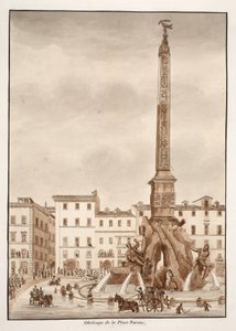 Piazza Navona Obelisk, 1833 (ætsning med brun vask) af Agostino Tofanelli