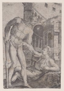 En mand, der hjælper en anden på benene, ca. 1514-36. af Agostino Veneziano
