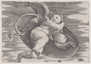 Eros stjæler mands skjold, ca. 1514-36. af Agostino Veneziano