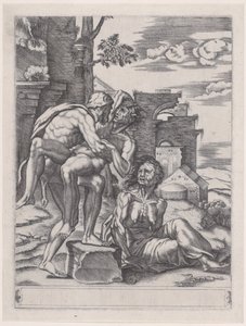 Hercules og Antaeus, dateret 1533., dateret 1533. af Agostino Veneziano